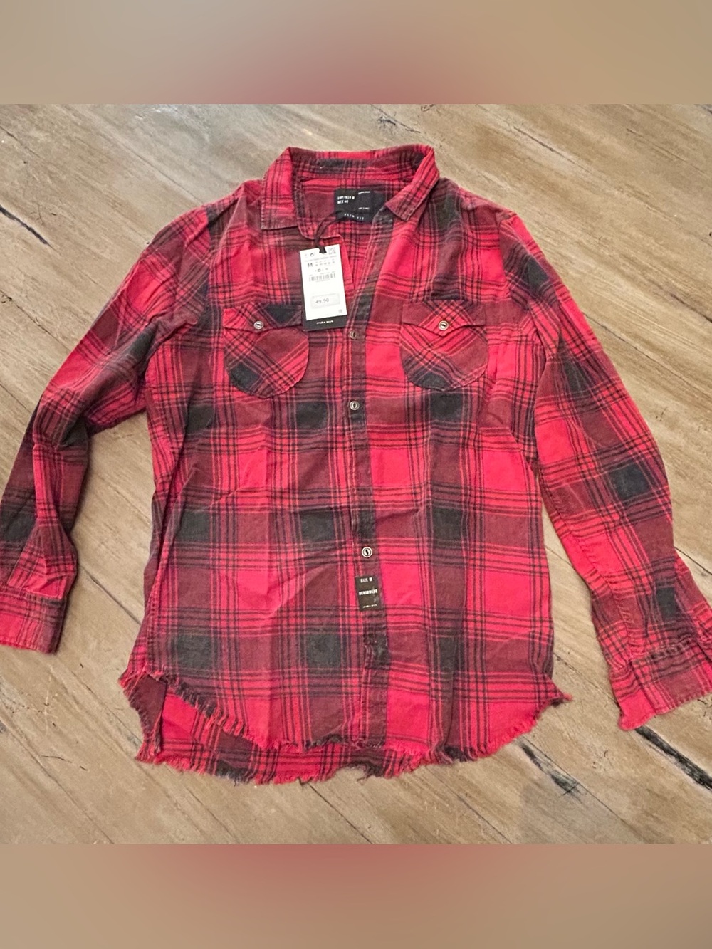 Zara Red and Black Plaid Slim-Fit Button Shirt